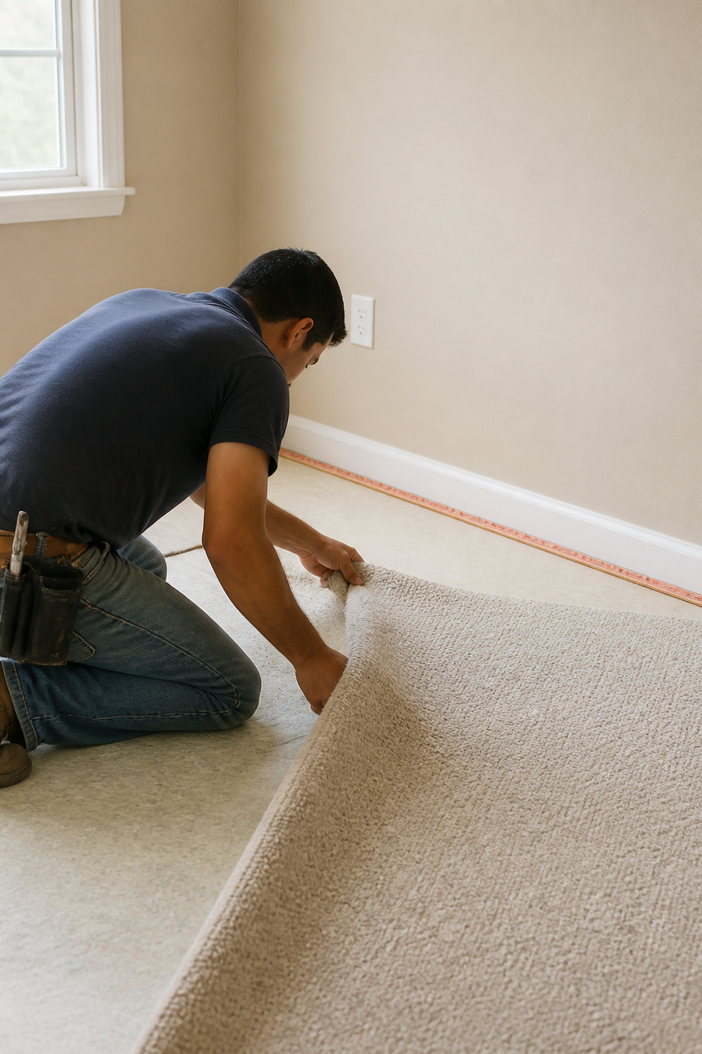 Installer stretching cut pile carpet over a foam cushion in an empty bedroom, with tack strip visible along the baseboard
