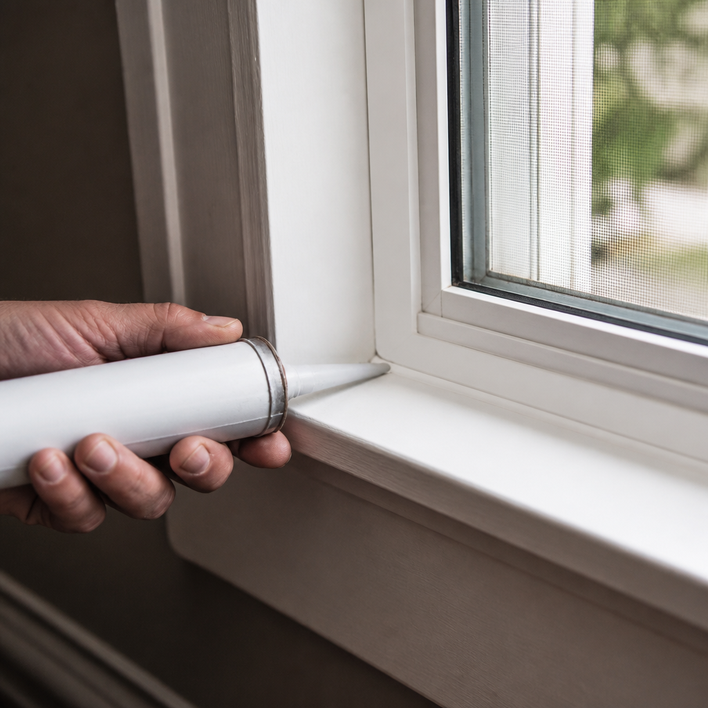 Hand running a bead of caulk along the trim of an interior window frame to seal an air leak