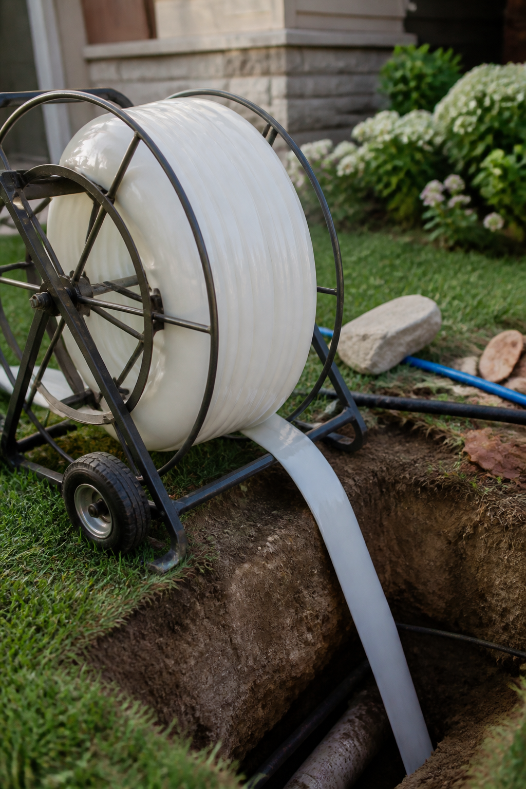 Resin saturated cured in place pipe liner coiled on a reel beside an open access pit dug in a front yard
