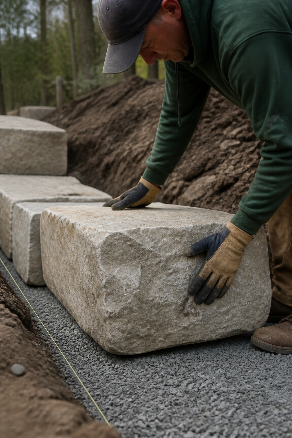 Worker setting a large concrete block onto a levelled crushed stone base while building the first course of a dry stack retaining wall