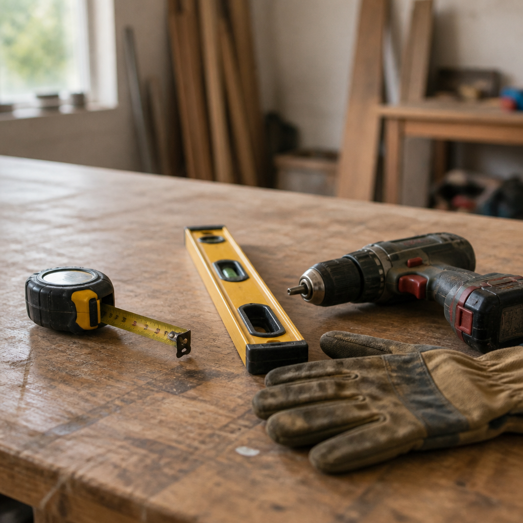 Tape measure, spirit level, cordless drill and a pair of work gloves laid out on a scuffed timber workbench