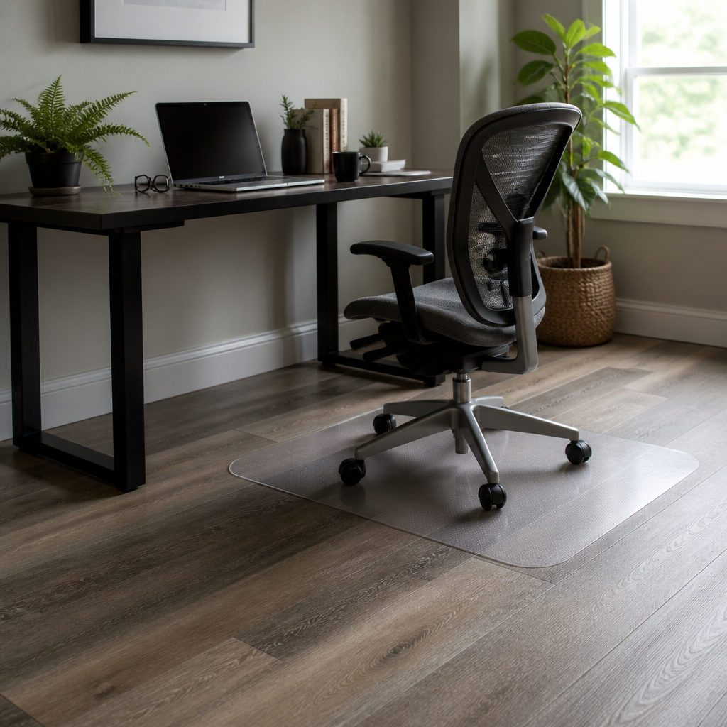 Home office with luxury vinyl plank flooring, a desk against the wall and a rolling chair standing on a clear chair mat