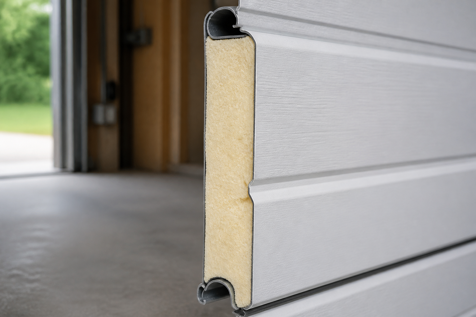 Cutaway of an insulated steel garage door section showing the foam core bonded between an outer and an inner steel skin