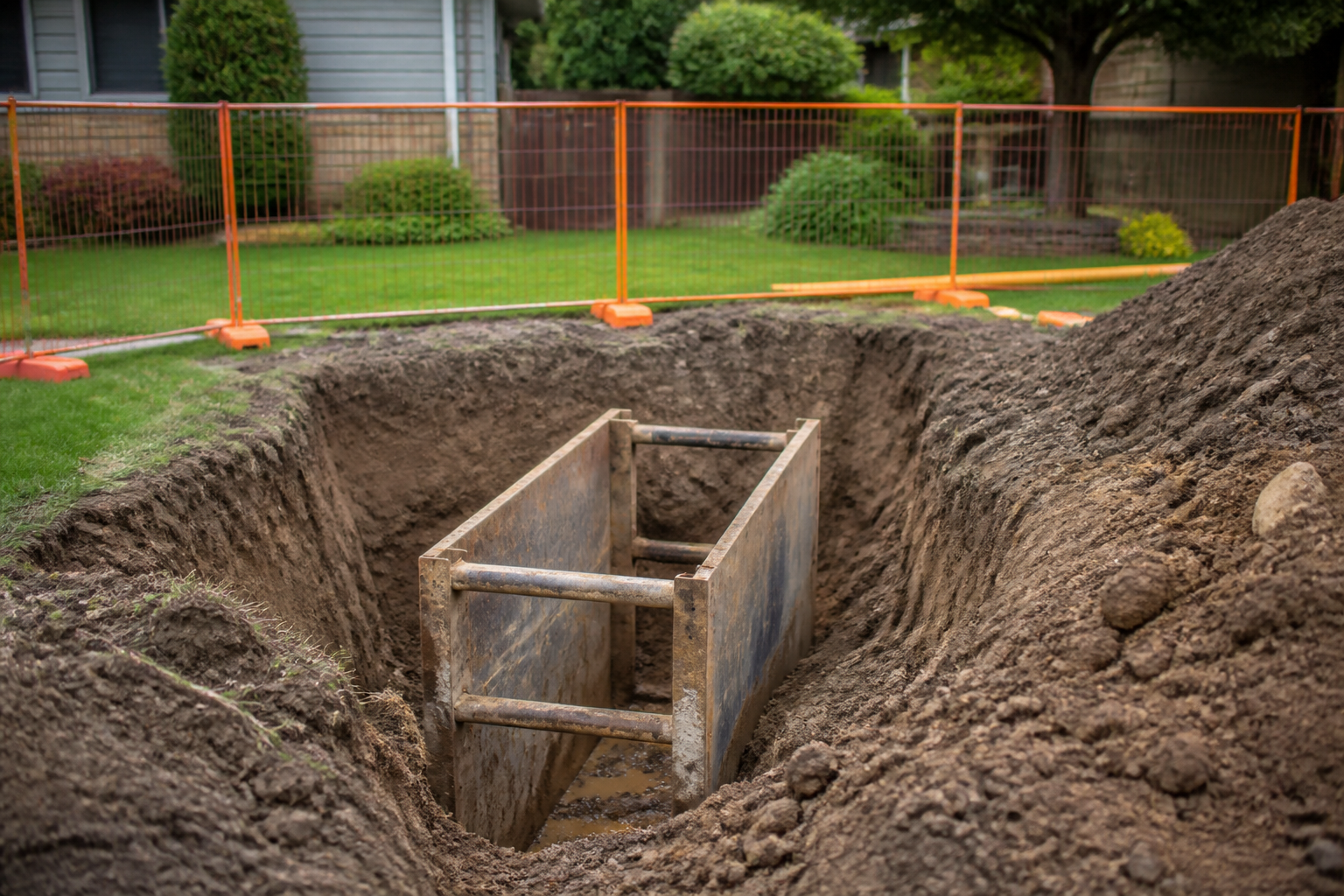 Open sewer trench in a residential yard with a metal shoring box lowered into it and a barrier fence around the edge