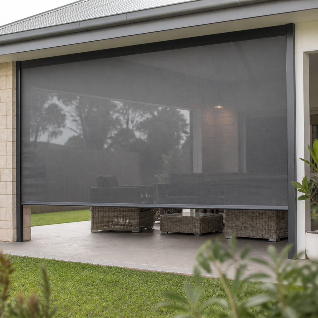 Zip track outdoor blind lowered across a covered patio, its mesh fabric held on both sides by vertical side channels